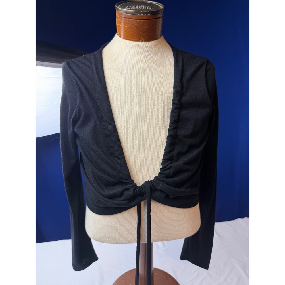 Black Long Sleeve Ruched Tie Front Shrug Cropped Cardigan Top